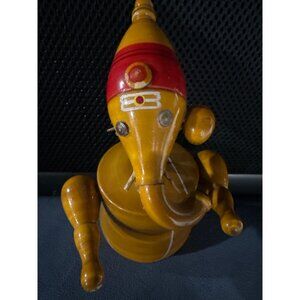 Handcrafted Wooden Lord Ganesha Figurine With Movable Arms & Head Vintage